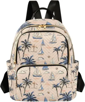 Mini Backpack Purse for Women, Palm Tree Sailboat Cloud Pattern Travel Bag Casual Daypack Shoulder Bag