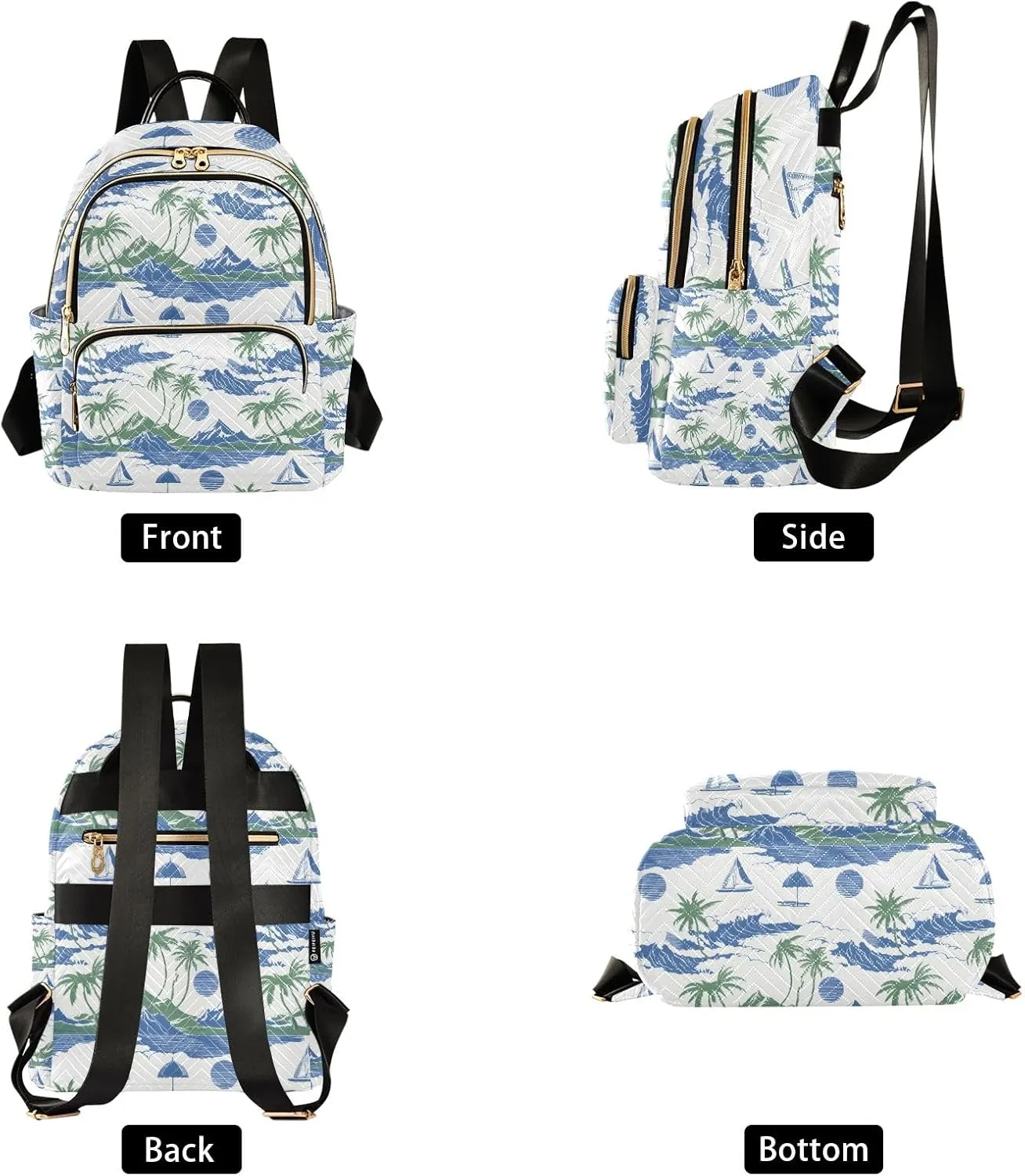 Mini Backpack Purse for Women, Palm Tree Sailboat Mountain Wave Pattern Travel Bag Casual Daypack Shoulder Bag