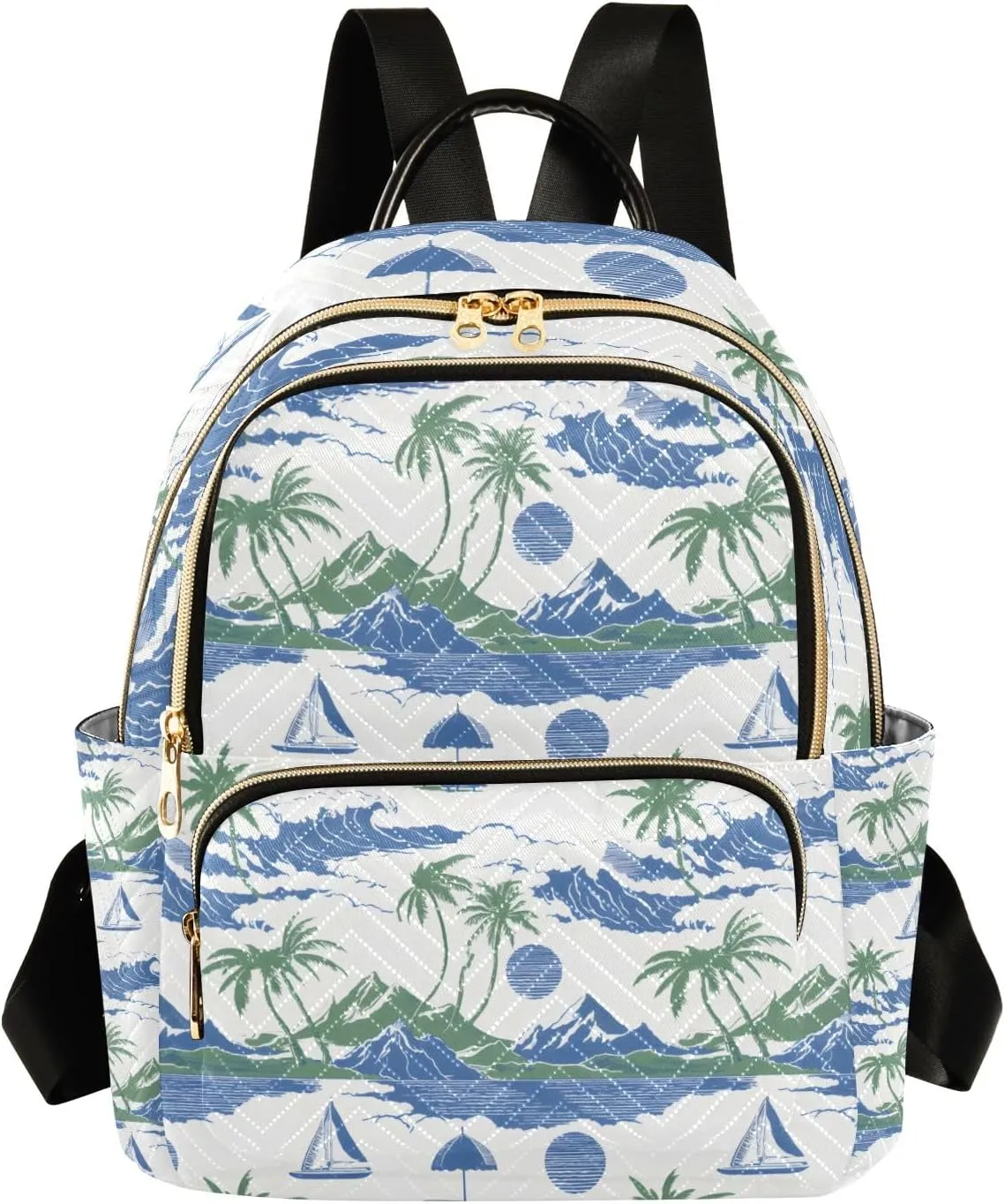 Mini Backpack Purse for Women, Palm Tree Sailboat Mountain Wave Pattern Travel Bag Casual Daypack Shoulder Bag