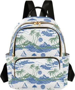 Mini Backpack Purse for Women, Palm Tree Sailboat Mountain Wave Pattern Travel Bag Casual Daypack Shoulder Bag