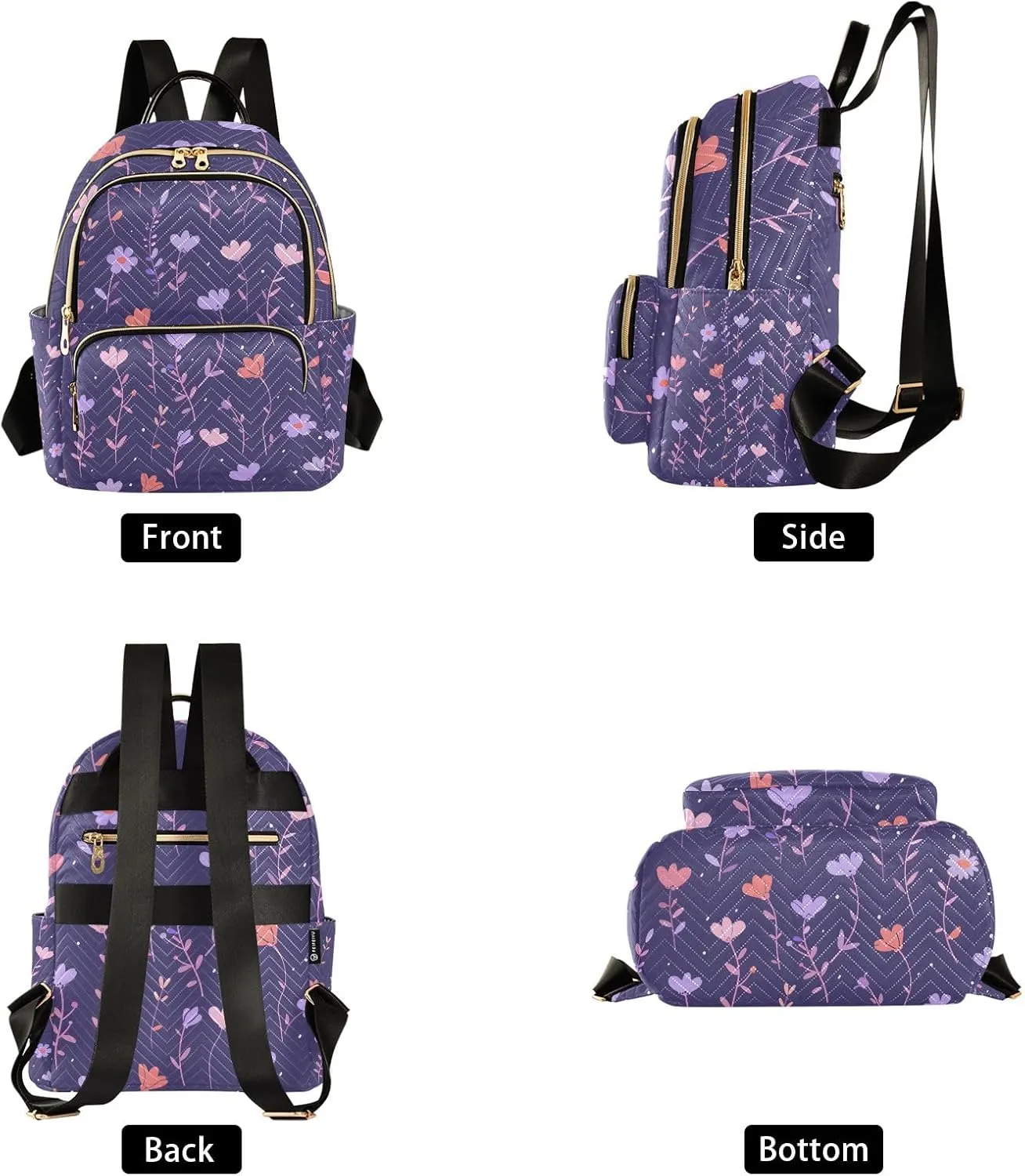 Mini Backpack Purse for Women, Pastel Floral Meadow Toss Pattern on Purple Travel Bag Casual Daypack Shoulder Bag