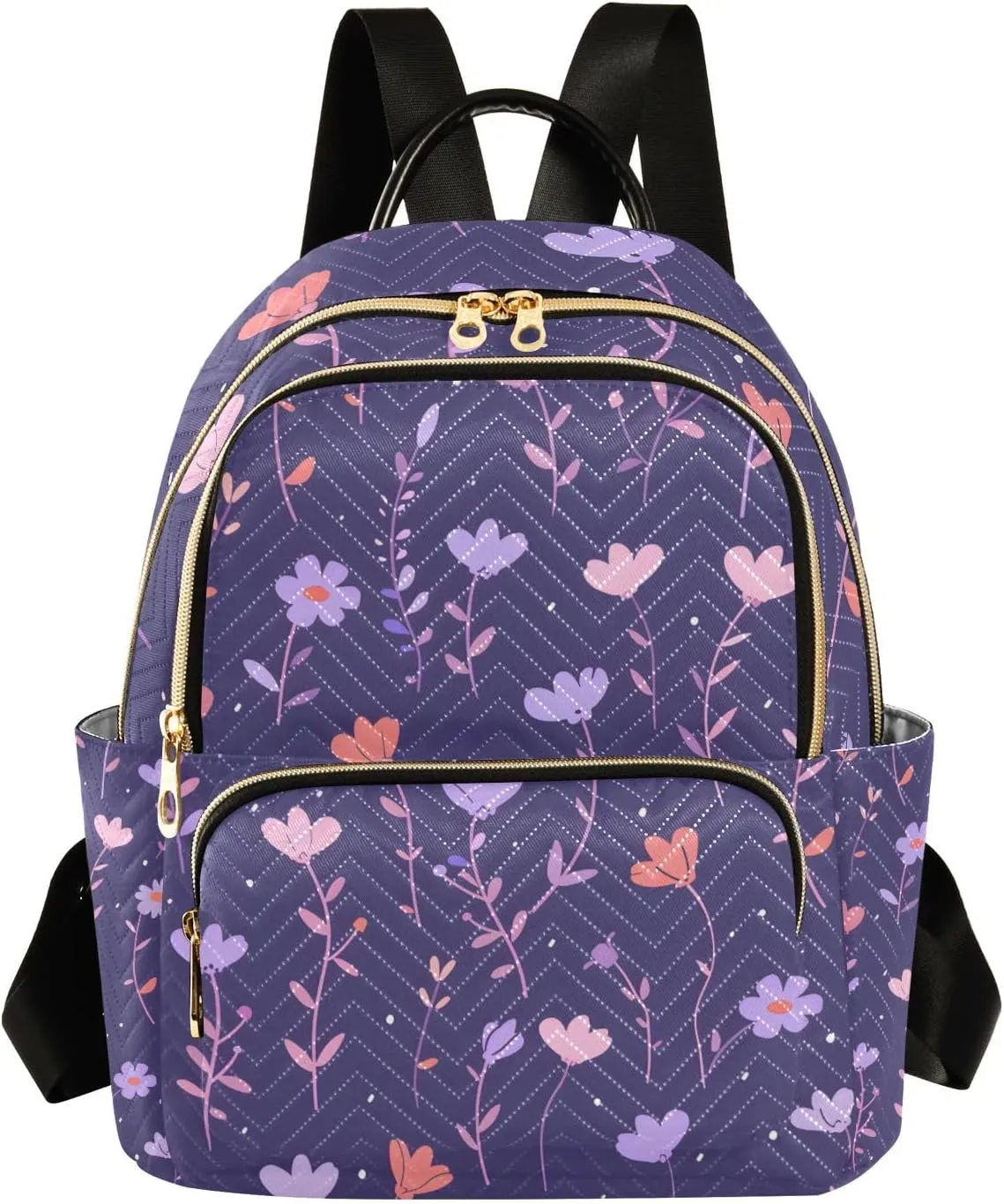 Mini Backpack Purse for Women, Pastel Floral Meadow Toss Pattern on Purple Travel Bag Casual Daypack Shoulder Bag