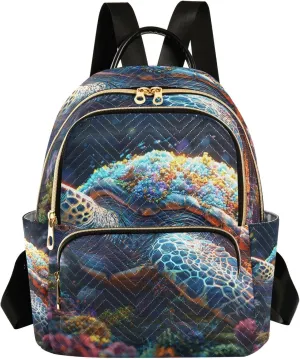 Mini Backpack Purse for Women, Sea Turtle with Corals on The Seabed Travel Bag Casual Daypack Shoulder Bag