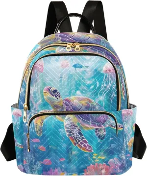Mini Backpack Purse for Women, Watercolor Turtle Jellyfish Coral Travel Bag Casual Daypack Shoulder Bag