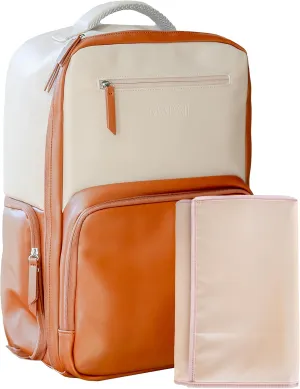 Minimalistic Vegan Leather Travel Backpack Waterproof Boy Girl Diaper Bag, changing pad – Large, pump storage, 3 insulated pockets, stroller straps, padded, easy-access airplane, modern, neutral