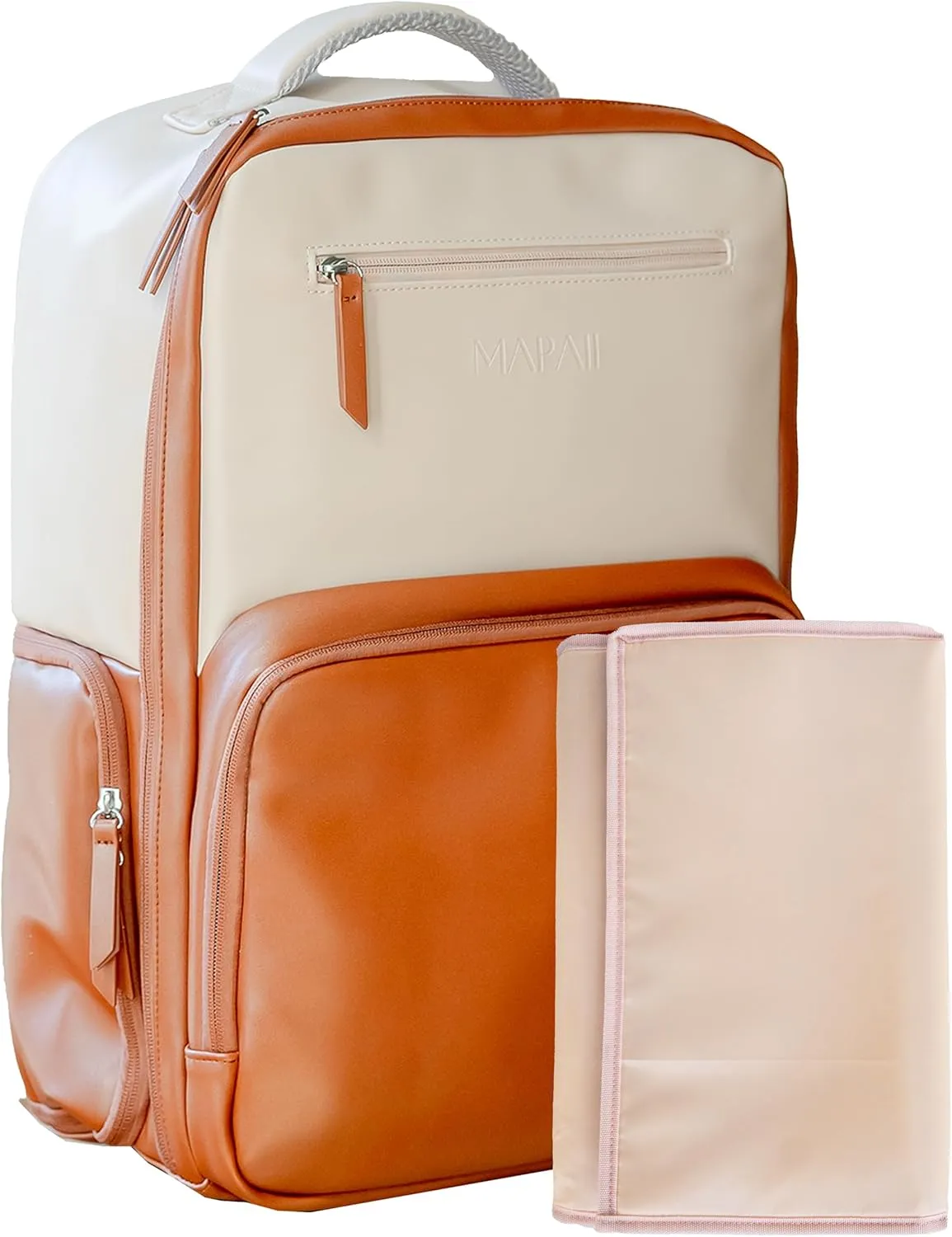 Minimalistic Vegan Leather Travel Backpack Waterproof Boy Girl Diaper Bag, changing pad – Large, pump storage, 3 insulated pockets, stroller straps, padded, easy-access airplane, modern, neutral