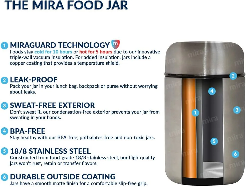 MIRA Insulated Food Jar Thermo for Hot Food & Soup, Compact Stainless Steel Vacuum Lunch Container for Meals To Go - 13.5 oz, Pearl Blue