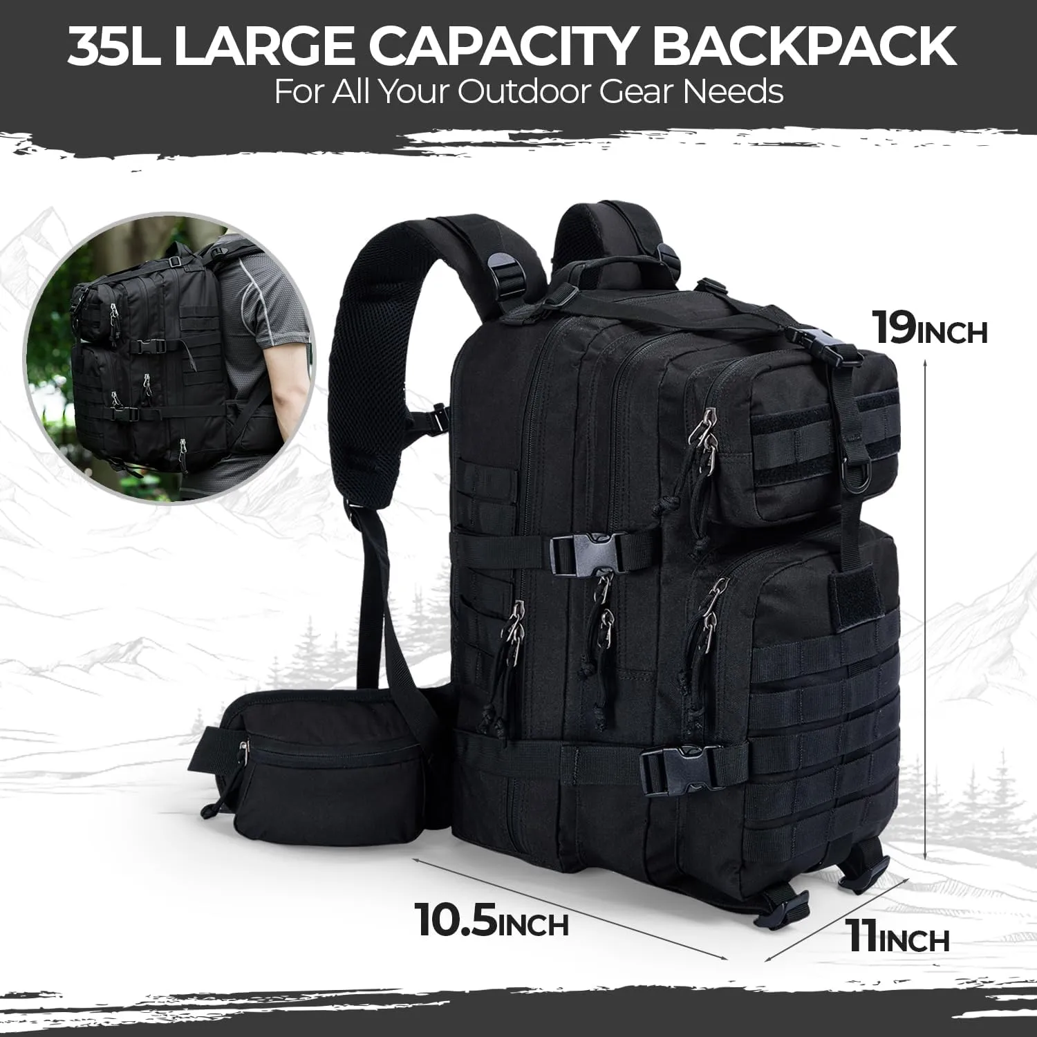 MIRACOL Go Bag Emergency Backpack - 35L Tactical Backpack with MOLLE System for Survival - Durable Military Grade Gear for Disaster Preparedness Black