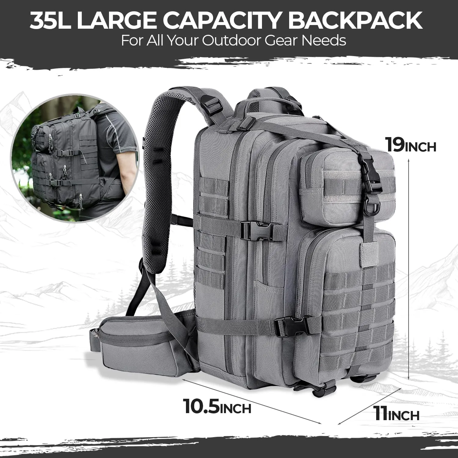 MIRACOL Go Bag Survival Backpack – Tactical Emergency Backpack with MOLLE System - Large 35L Military Gear for Disaster Wildfire Preparedness Grey
