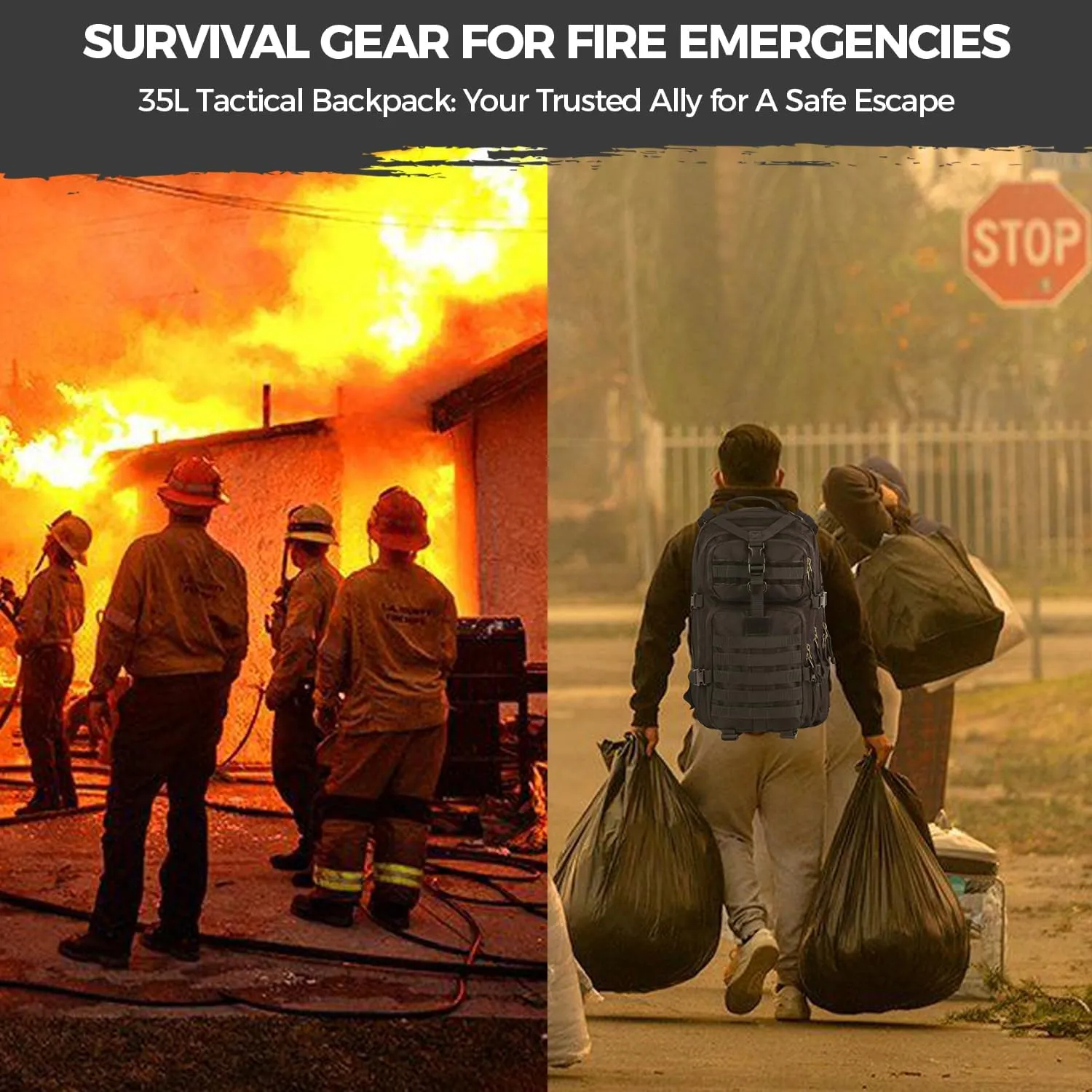 MIRACOL Go Bag Survival Backpack – Tactical Emergency Backpack with MOLLE System - Large 35L Military Gear for Disaster Wildfire Preparedness Grey
