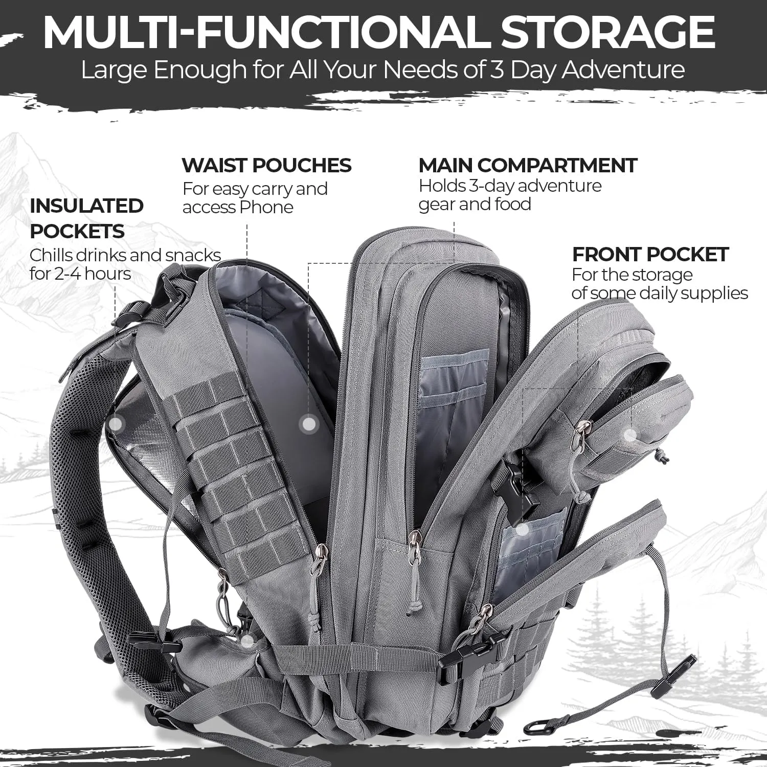 MIRACOL Go Bag Survival Backpack – Tactical Emergency Backpack with MOLLE System - Large 35L Military Gear for Disaster Wildfire Preparedness Grey