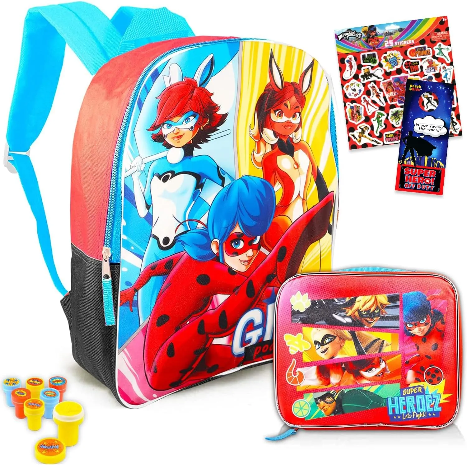 Miraculous Ladybug Backpack With Lunchbox Set - Bundle with 15” Miraculous Ladybug Backpack For Girls, Lunch Bag, Stampers, More | Miraculous Ladybug School Supplies