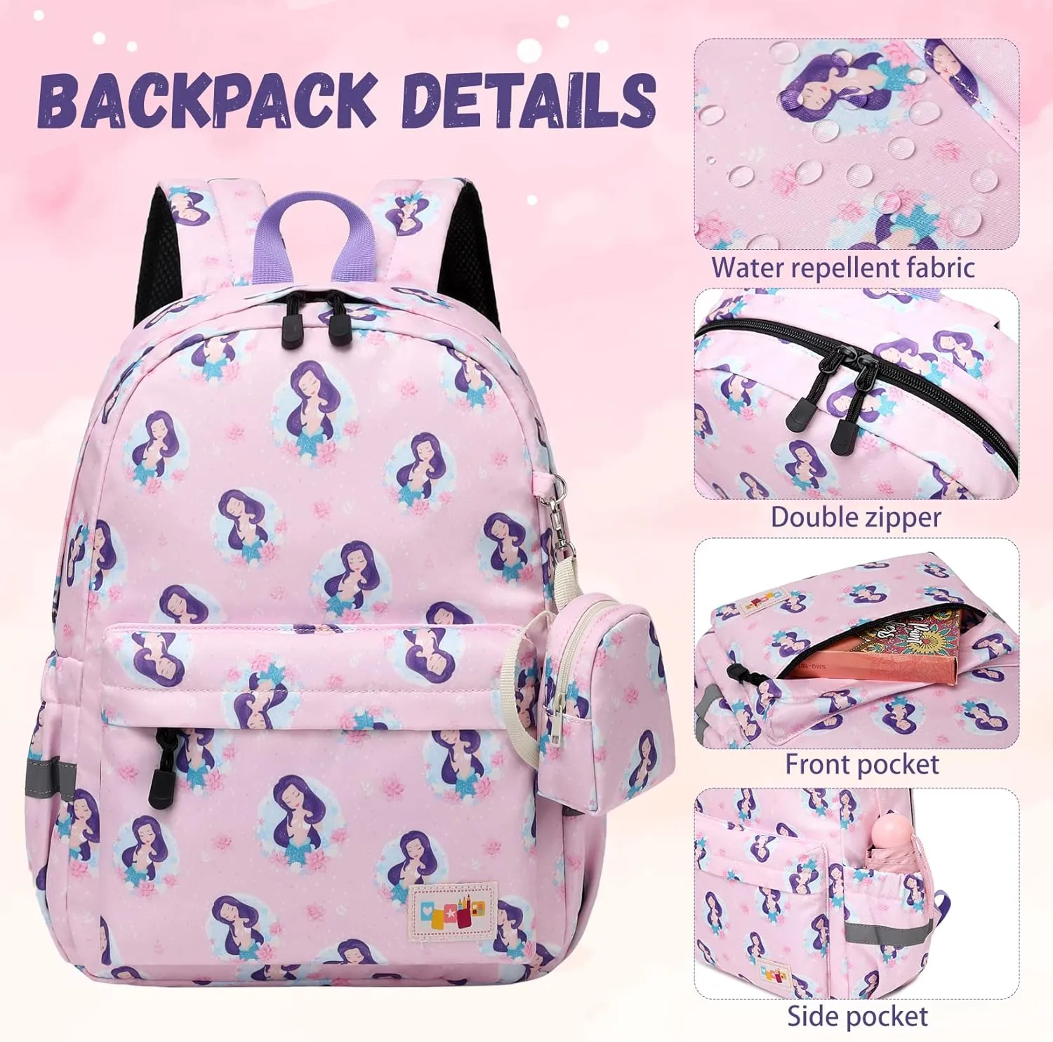 MIRLEWAIY Little Kids Backpack Preschool Cute Girls Kindergarten School Bag with Coin Pouch, Mermaid with Purple Hair, Purple