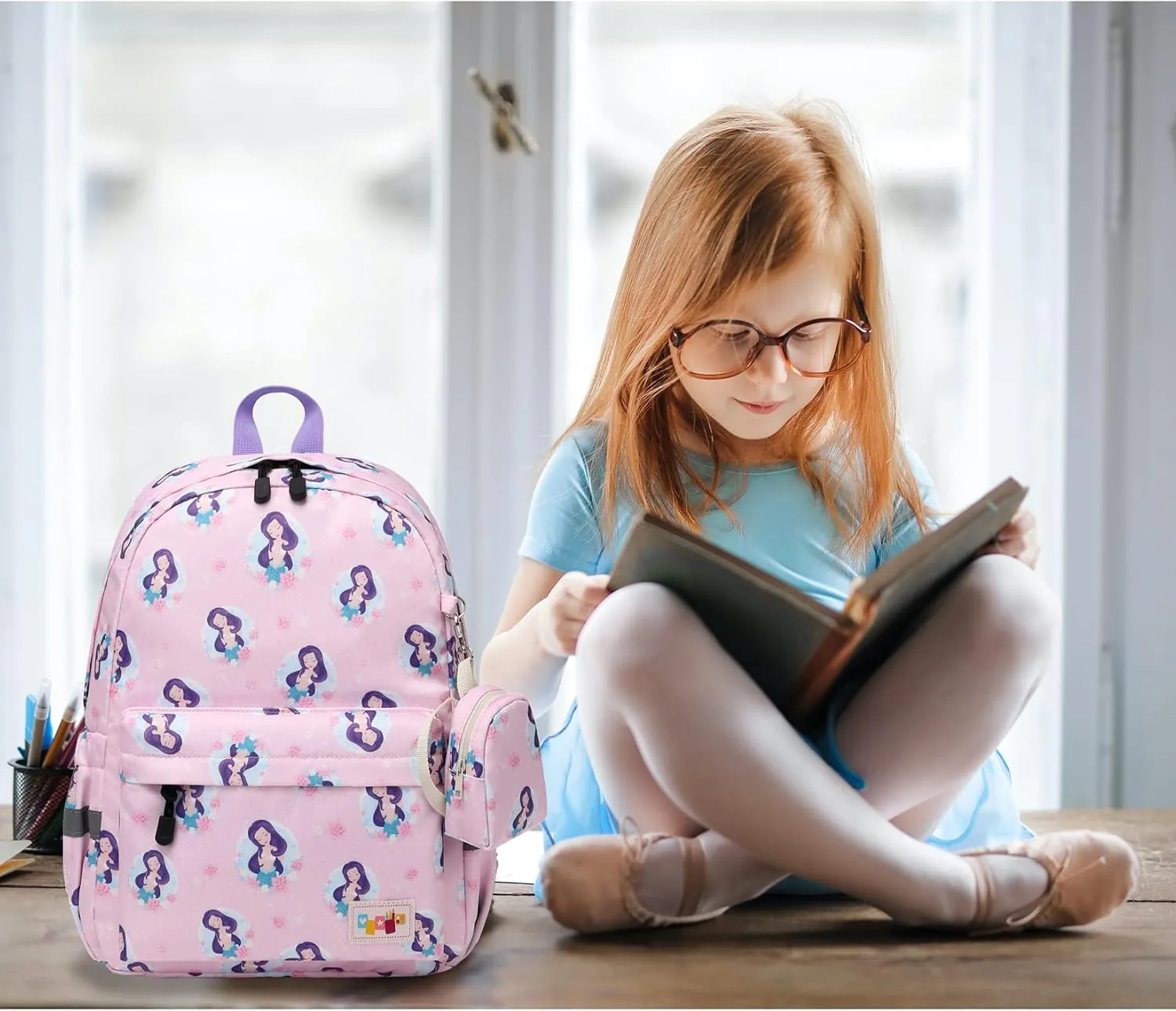 MIRLEWAIY Little Kids Backpack Preschool Cute Girls Kindergarten School Bag with Coin Pouch, Mermaid with Purple Hair, Purple