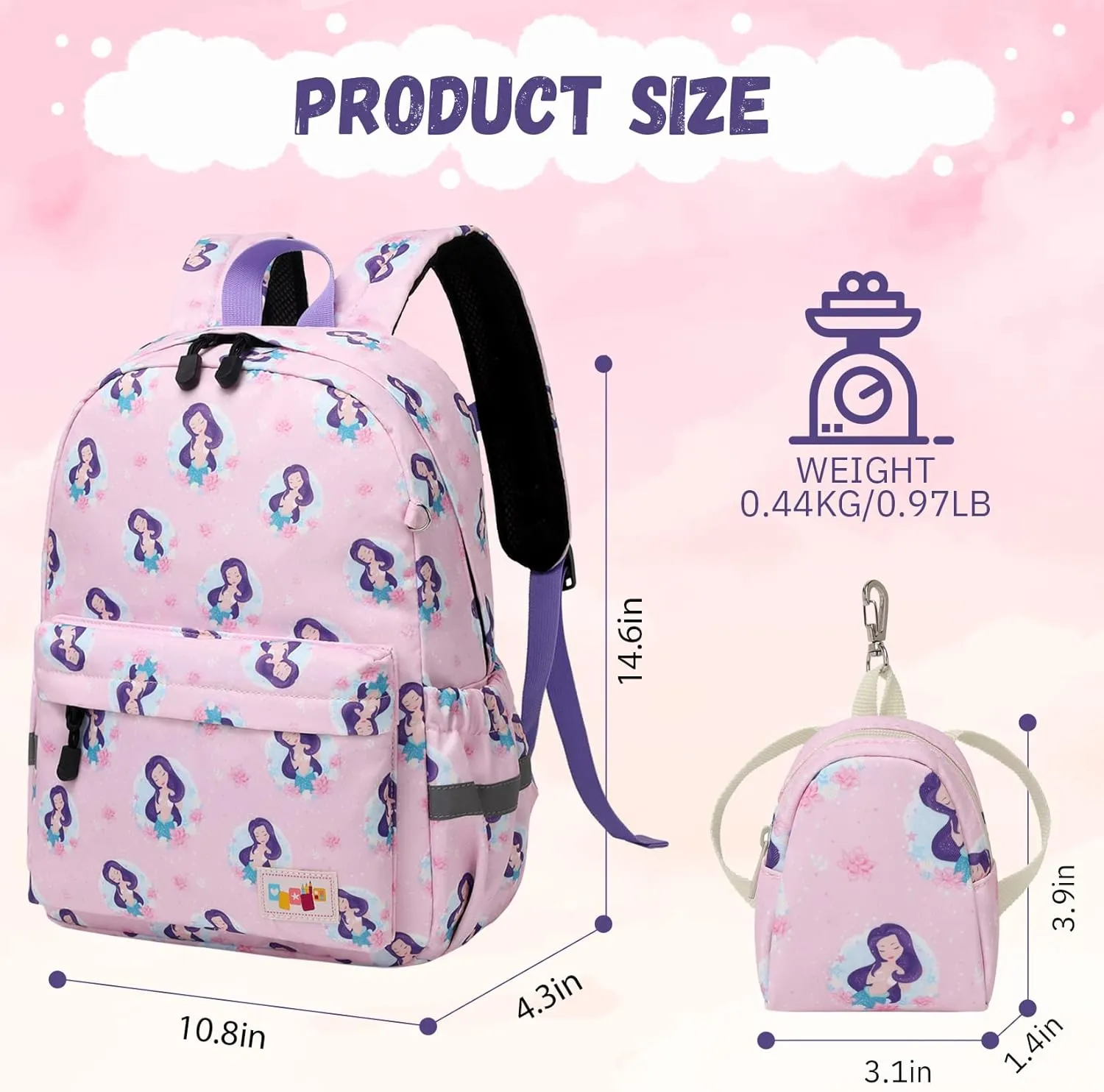 MIRLEWAIY Little Kids Backpack Preschool Cute Girls Kindergarten School Bag with Coin Pouch, Mermaid with Purple Hair, Purple