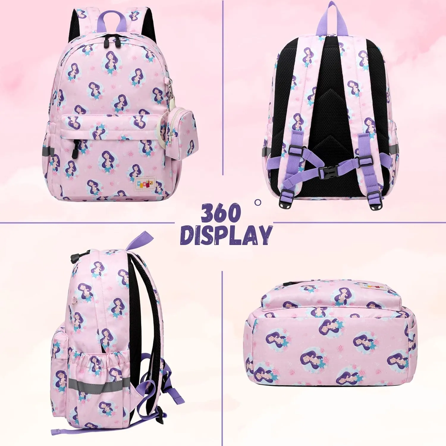 MIRLEWAIY Little Kids Backpack Preschool Cute Girls Kindergarten School Bag with Coin Pouch, Mermaid with Purple Hair, Purple