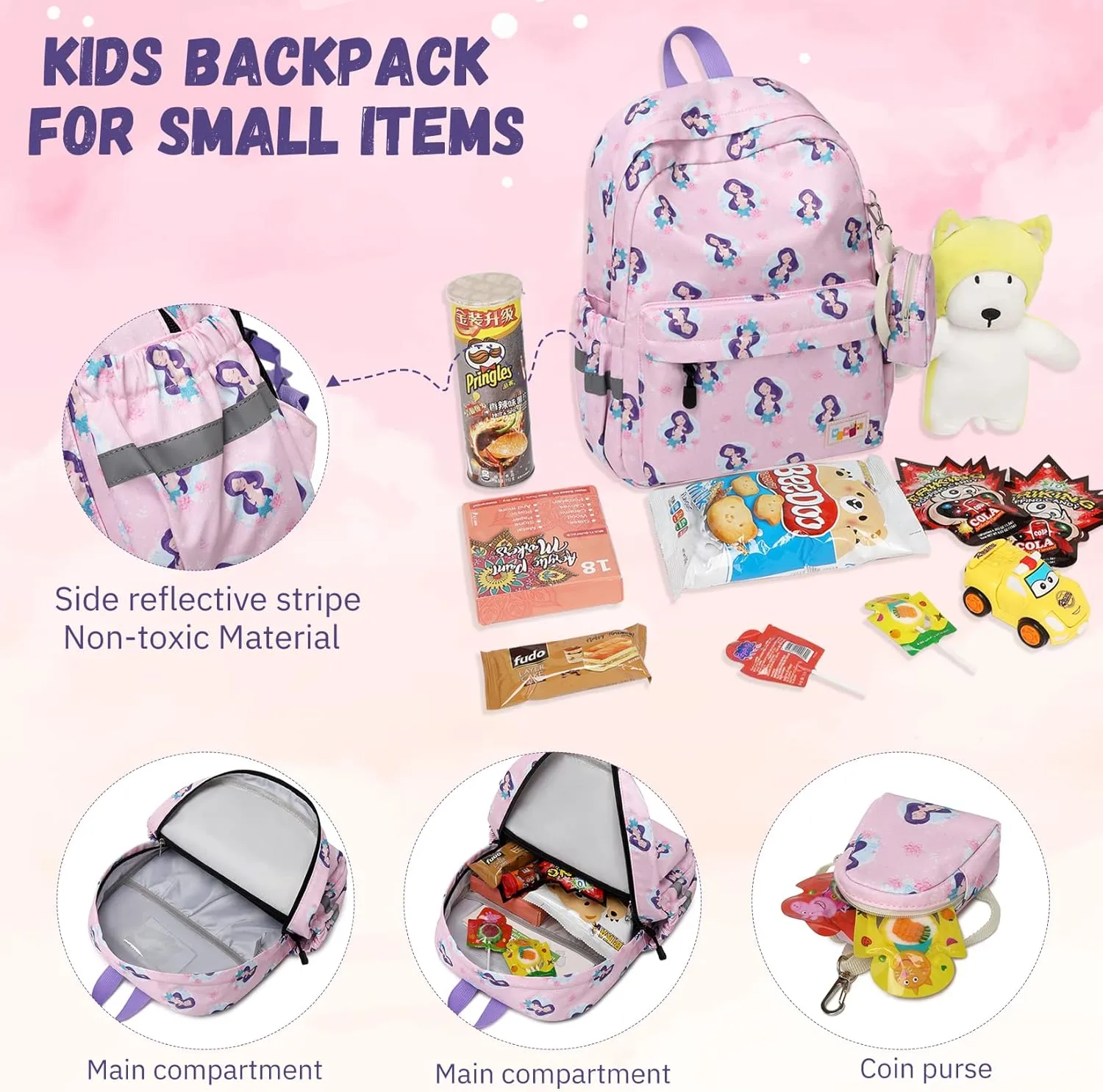 MIRLEWAIY Little Kids Backpack Preschool Cute Girls Kindergarten School Bag with Coin Pouch, Mermaid with Purple Hair, Purple