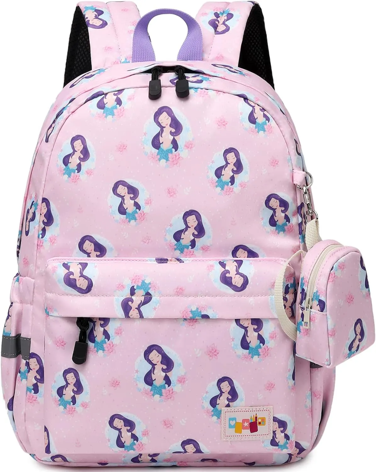 MIRLEWAIY Little Kids Backpack Preschool Cute Girls Kindergarten School Bag with Coin Pouch, Mermaid with Purple Hair, Purple