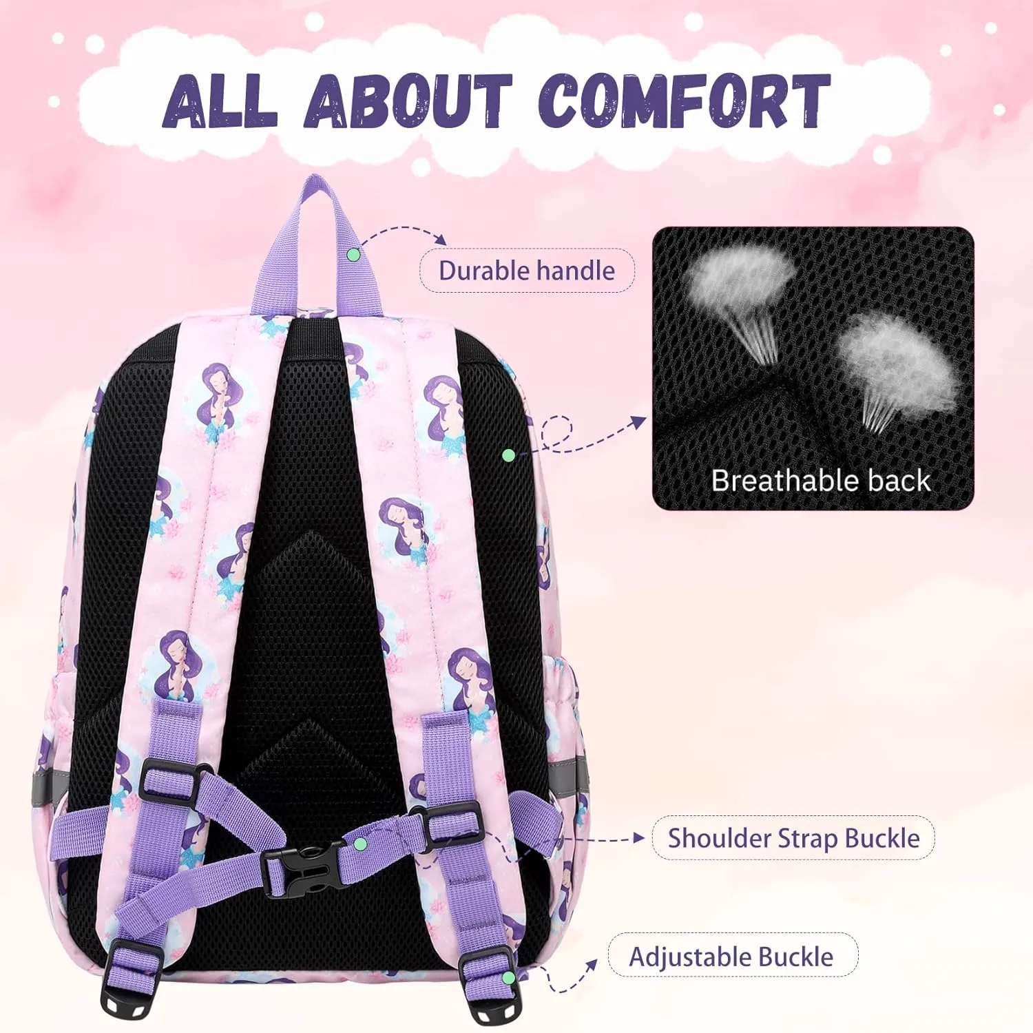 MIRLEWAIY Little Kids Backpack Preschool Cute Girls Kindergarten School Bag with Coin Pouch, Mermaid with Purple Hair, Purple