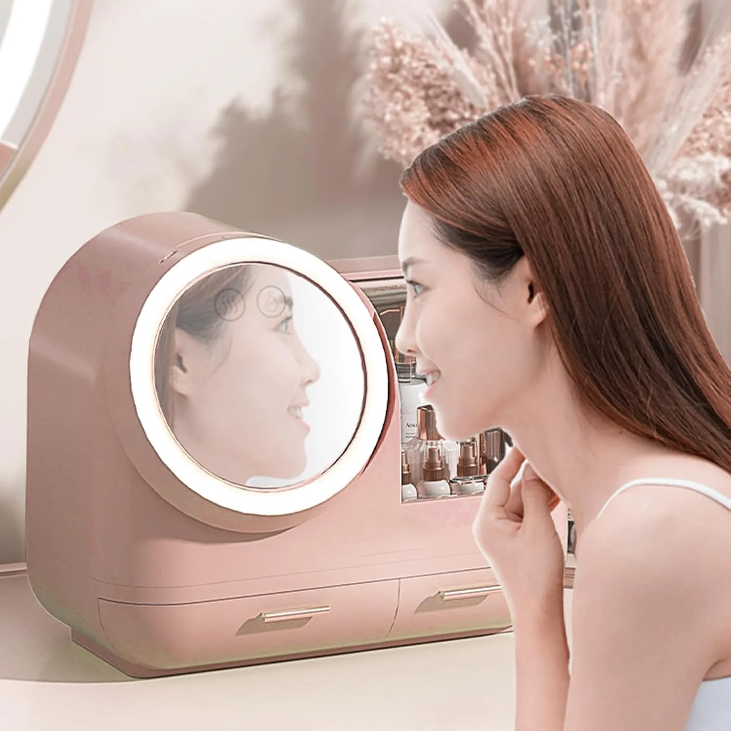 Mirror Fan Makeup Case Large Capacity LED Light Mirror Makeup Storage Box for Women (Pink)