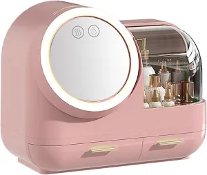 Mirror Fan Makeup Case Large Capacity LED Light Mirror Makeup Storage Box for Women (Pink)