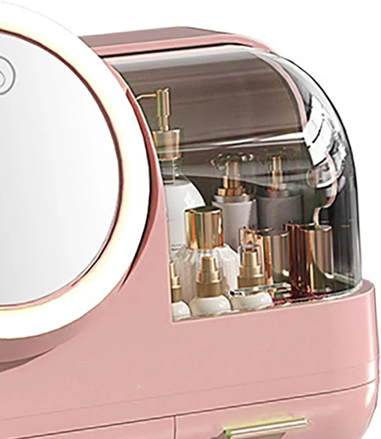 Mirror Fan Makeup Case Large Capacity LED Light Mirror Makeup Storage Box for Women (Pink)