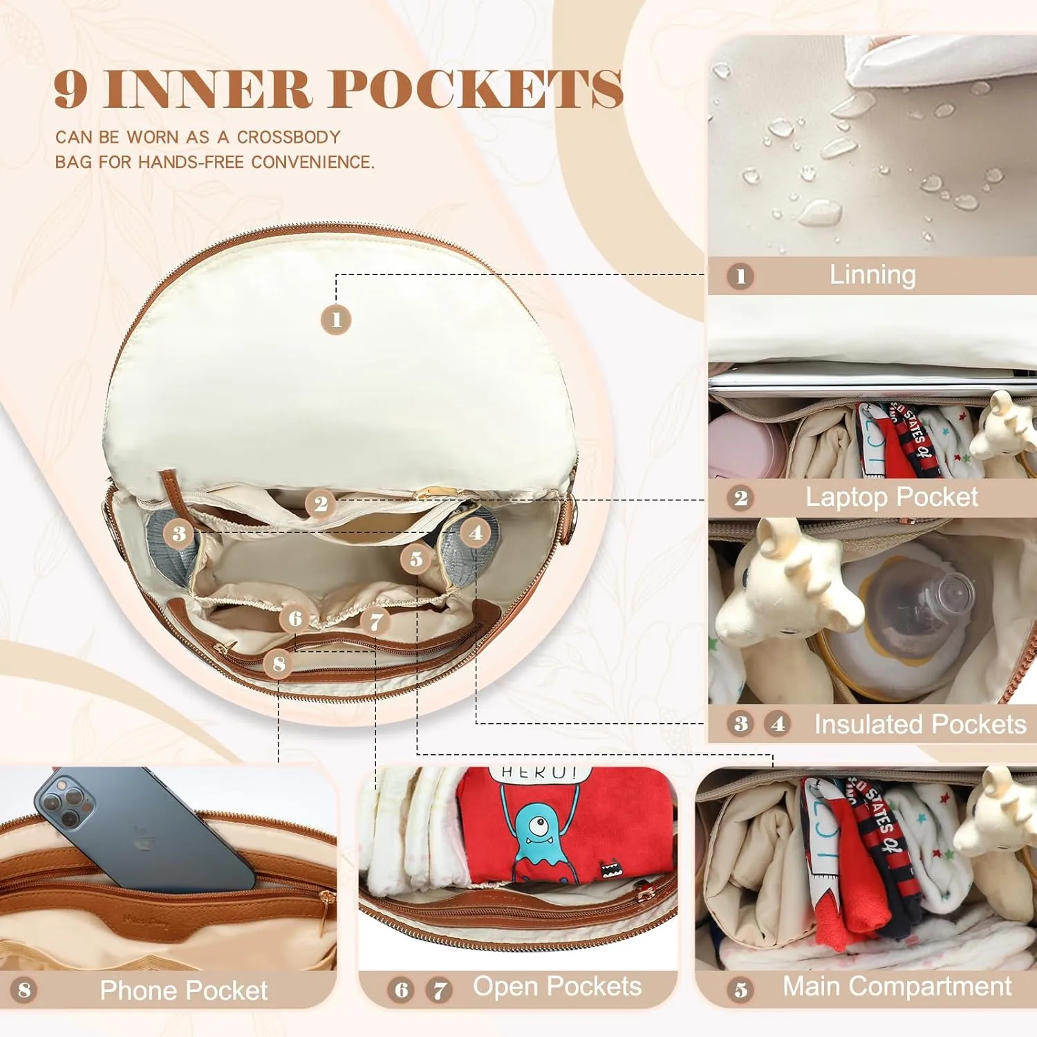 miss fong Diaper Bag Backpack Baby Diaper Bag, Large Leather Diaper Bag Backpack with Changing Pad, Stroller Straps, and 2 Insulated Pockets(Convertible, Brown)