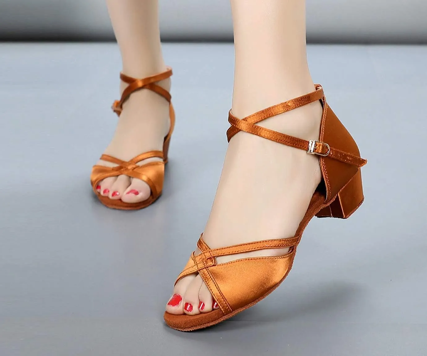 missfiona Girls Latin Dance Shoes Kids Ballroom Practice Low Heels Perfomance Satin Shoes