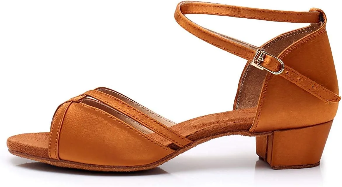 missfiona Girls Latin Dance Shoes Kids Ballroom Practice Low Heels Perfomance Satin Shoes