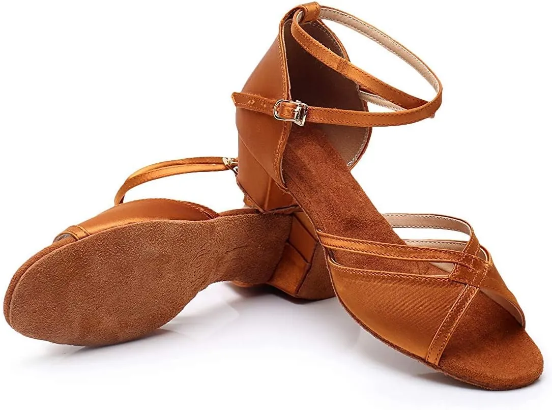 missfiona Girls Latin Dance Shoes Kids Ballroom Practice Low Heels Perfomance Satin Shoes