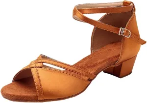 missfiona Girls Latin Dance Shoes Kids Ballroom Practice Low Heels Perfomance Satin Shoes