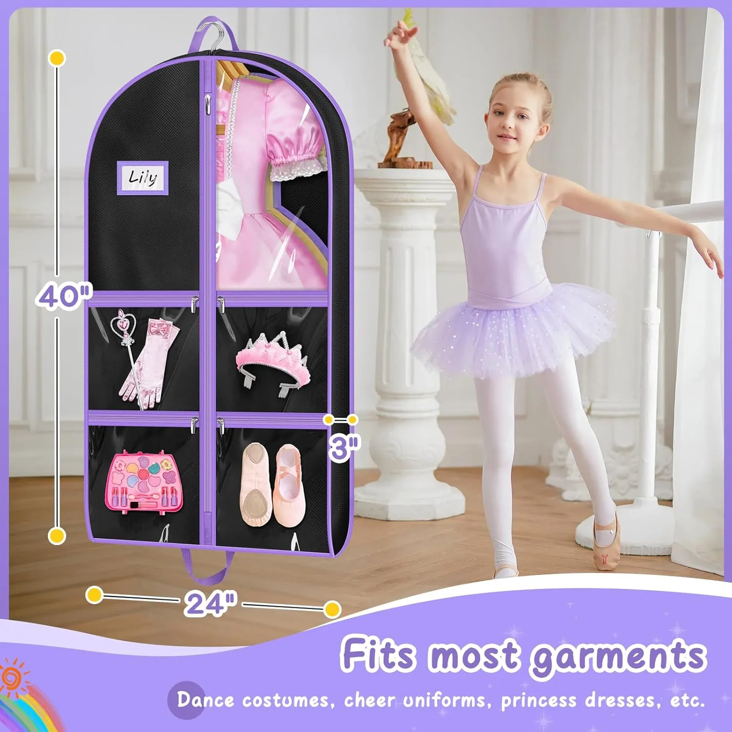 MISSLO Dance Garment Bags for Dancers with 4 Pockets Garment Bags for Dance Costumes 40" Cheer Uniform Garment Bag Hanging Kids Garment Bag for Recital, Competition, Travel, Storage (3, Black)