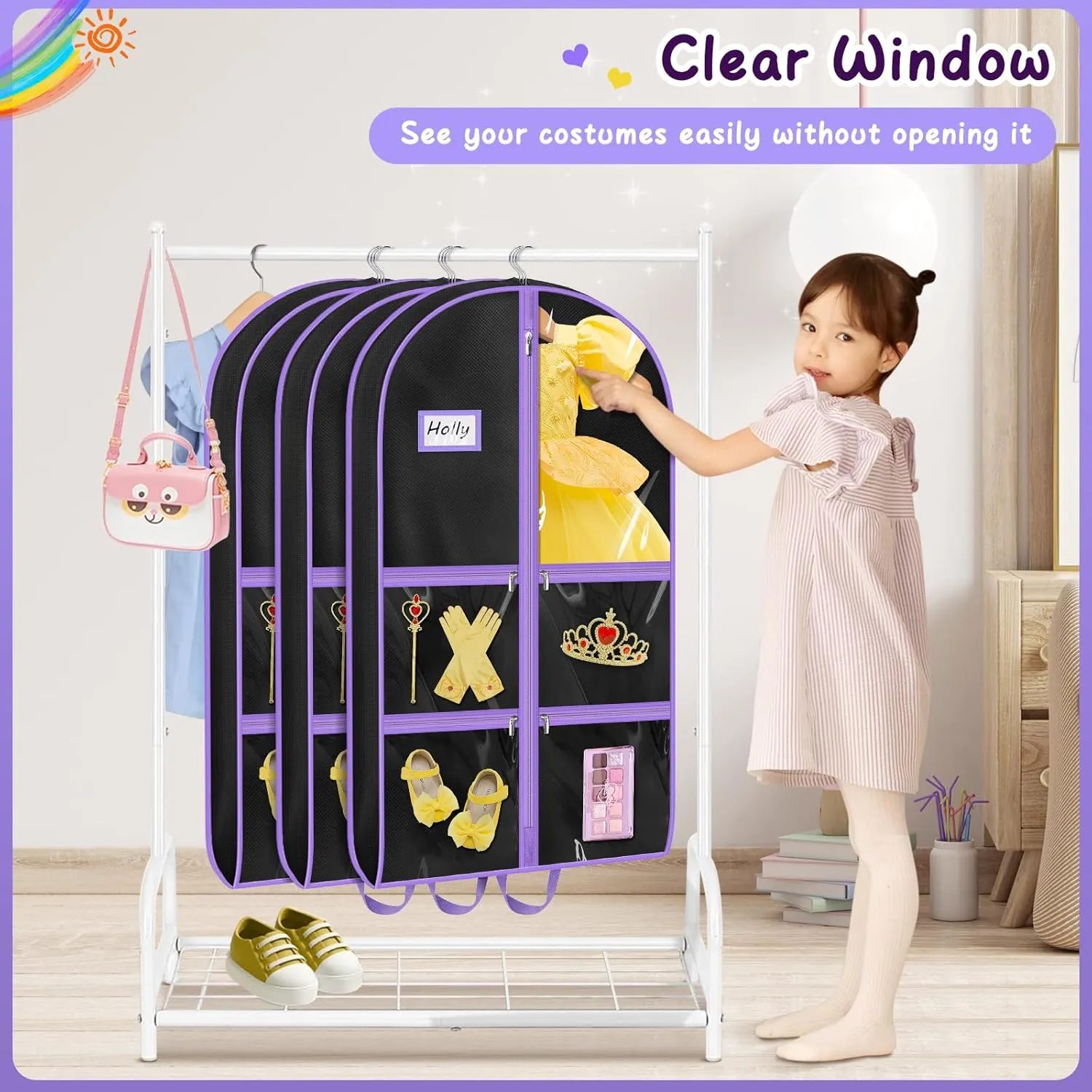 MISSLO Dance Garment Bags for Dancers with 4 Pockets Garment Bags for Dance Costumes 40" Cheer Uniform Garment Bag Hanging Kids Garment Bag for Recital, Competition, Travel, Storage (3, Black)