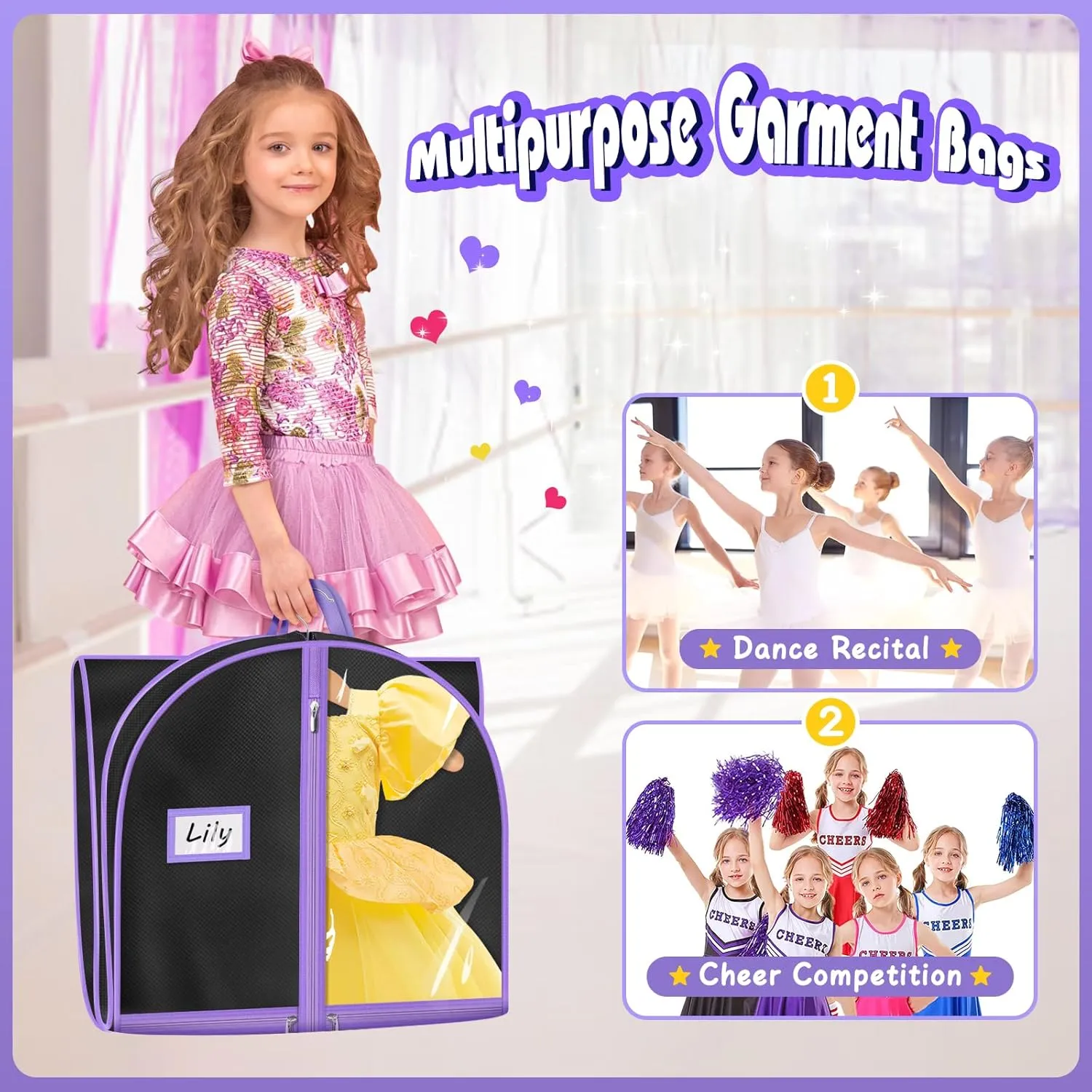 MISSLO Dance Garment Bags for Dancers with 4 Pockets Garment Bags for Dance Costumes 40" Cheer Uniform Garment Bag Hanging Kids Garment Bag for Recital, Competition, Travel, Storage (3, Black)