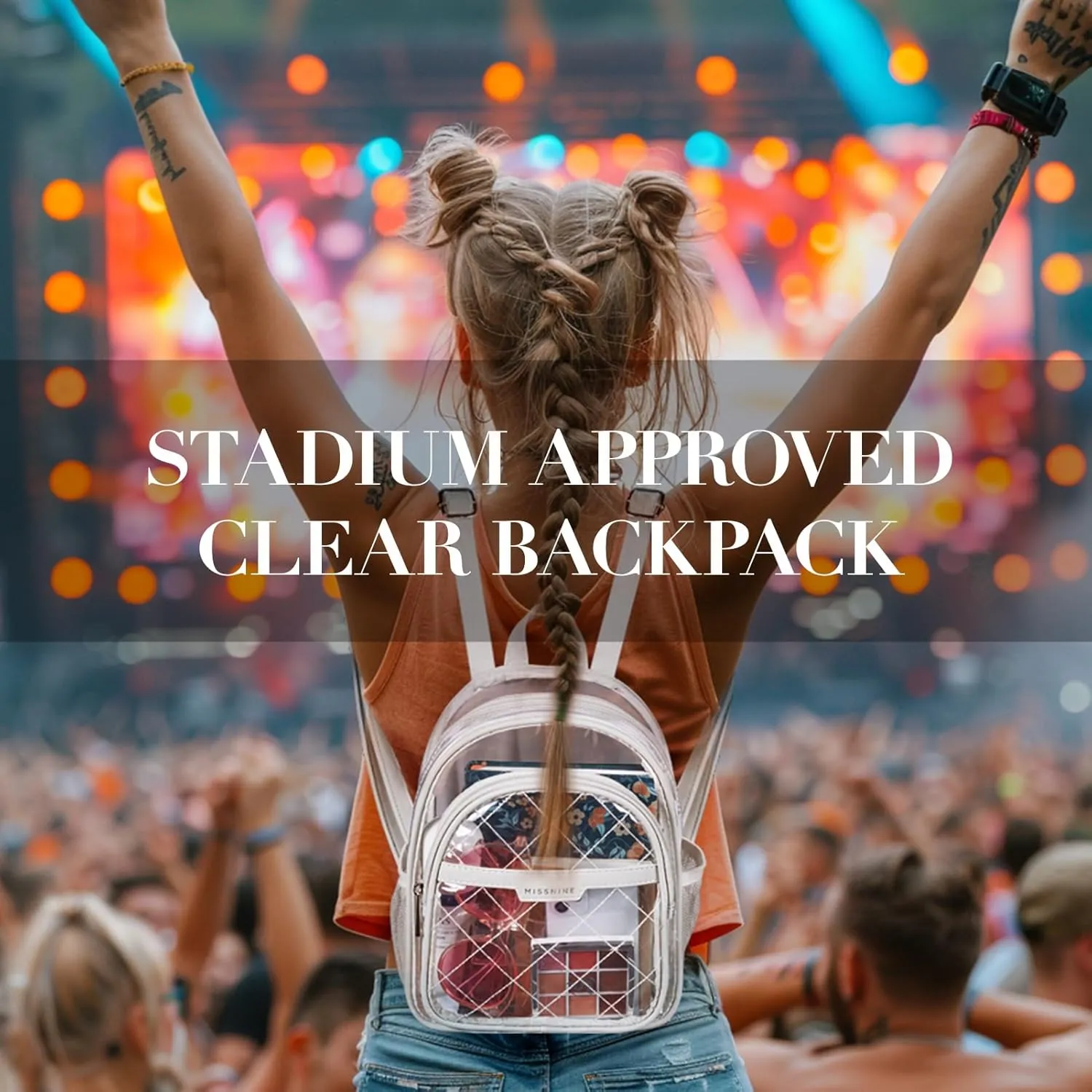 Missnine Clear Backpack for Stadium Approved, Quilted Clear Bag for Stadium Events with Leather Trim for Sports Event, Concert, Festival, Daily