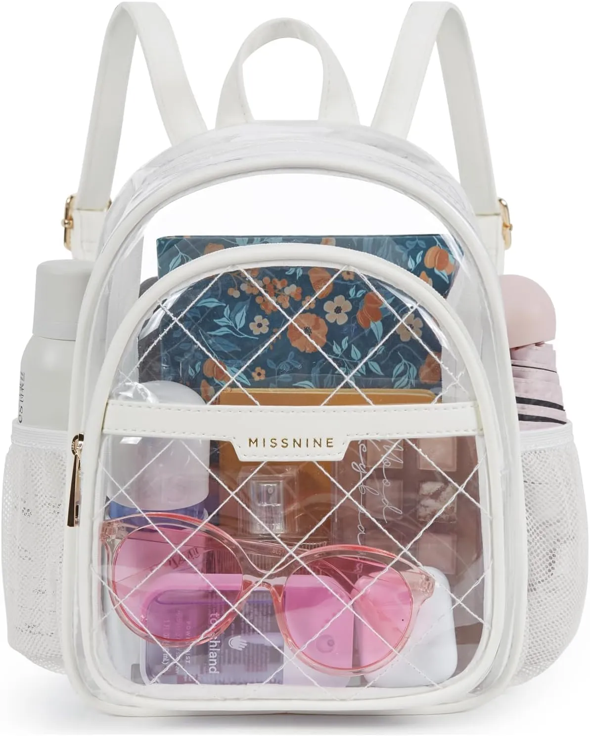 Missnine Clear Backpack for Stadium Approved, Quilted Clear Bag for Stadium Events with Leather Trim for Sports Event, Concert, Festival, Daily