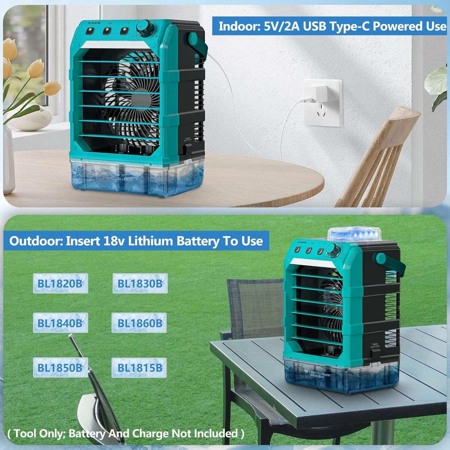 Misting Fan Portable Compatible for Makita 18V Battery(No Battery) or USB Powered, Cooling Fan for Bedroom with 7 Lights, 8H Timer, 1600ML Water Tank for Outside Camping Tent Room Office Desk