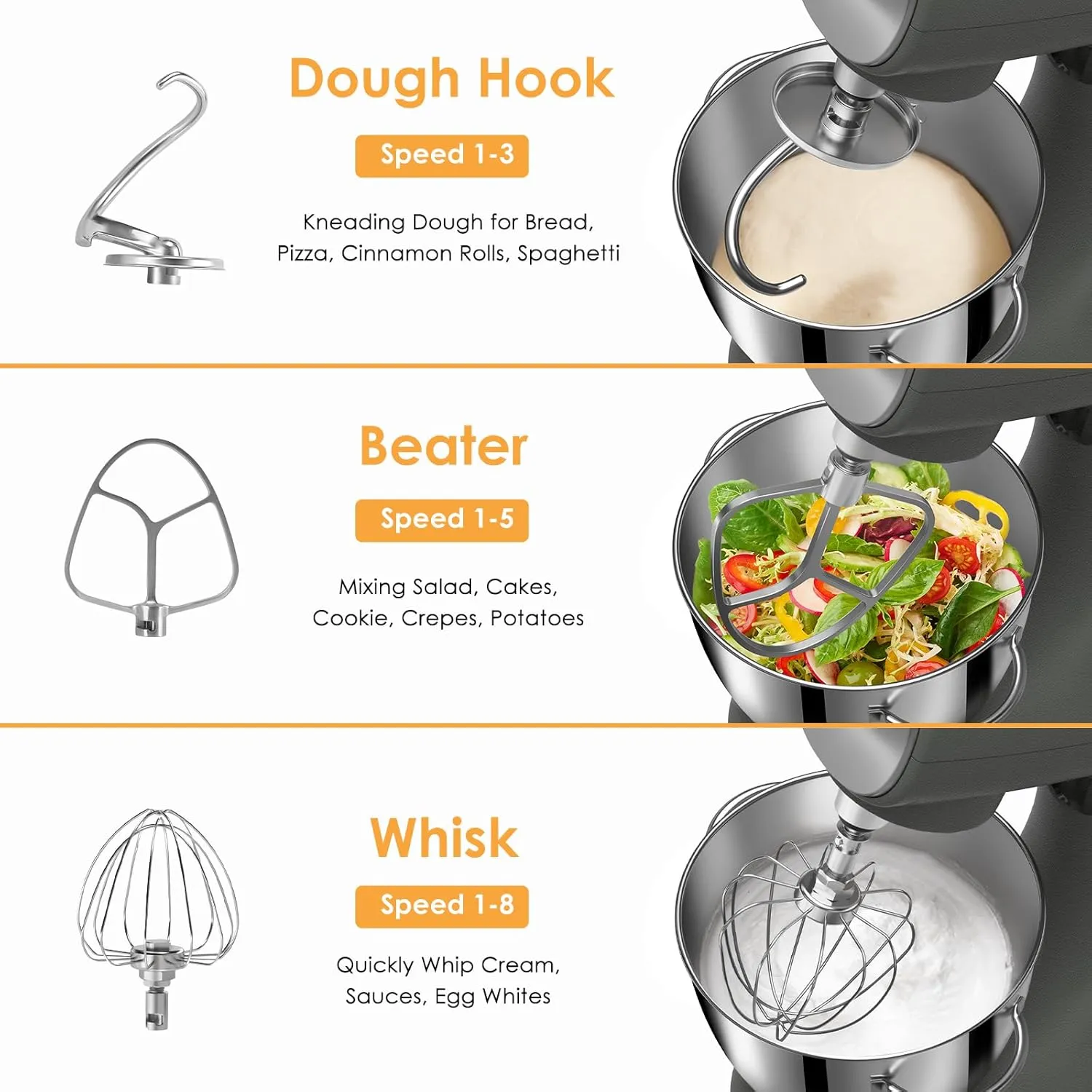 Mixers Kitchen Electric Stand Mixer 5.5QT 600W, Aluminum die casting and Gears, Dual Cooling System, Low Noise, DC Motor, LED Display and Timing Function, Tilt-head Metal Food Mixer, Grey