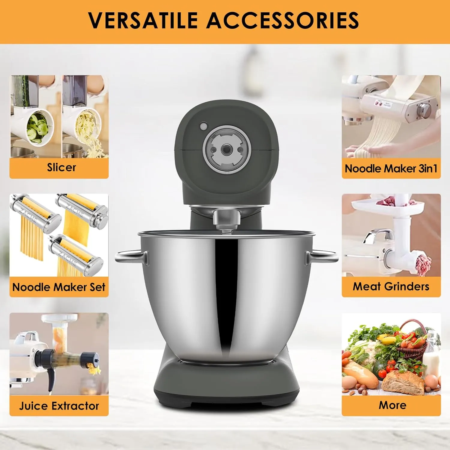 Mixers Kitchen Electric Stand Mixer 5.5QT 600W, Aluminum die casting and Gears, Dual Cooling System, Low Noise, DC Motor, LED Display and Timing Function, Tilt-head Metal Food Mixer, Grey