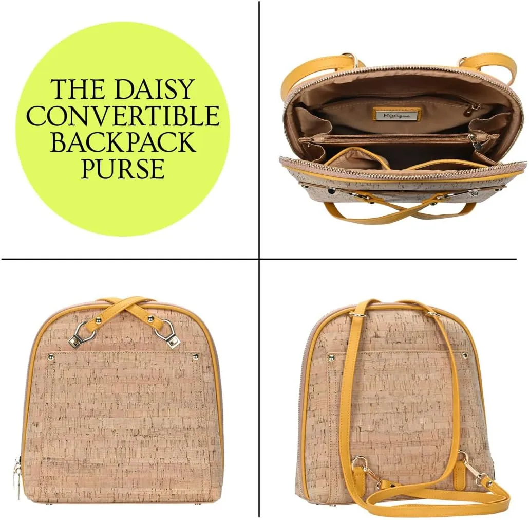 Miztique The Daisy Cork Convertible Backpack Purse for Women (Mustard) | Cork Shoulder Strap Bag or Convertible Backpack | 10.5in x 4in x 11.5in |