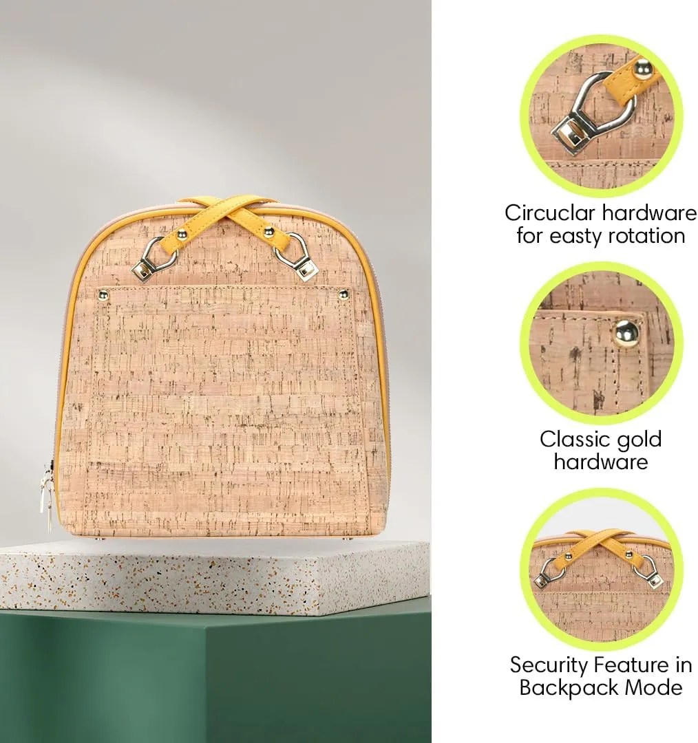 Miztique The Daisy Cork Convertible Backpack Purse for Women (Mustard) | Cork Shoulder Strap Bag or Convertible Backpack | 10.5in x 4in x 11.5in |