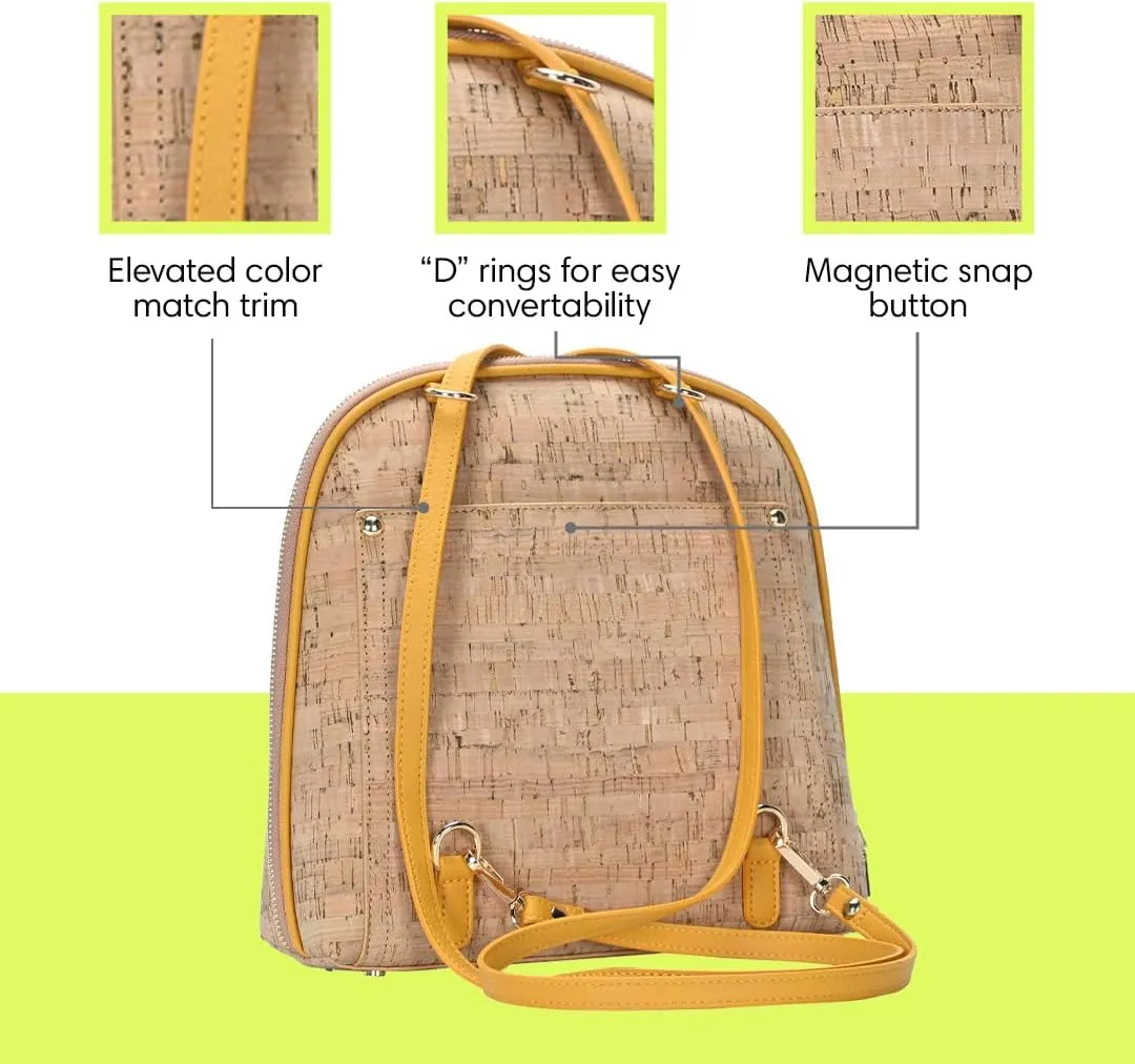 Miztique The Daisy Cork Convertible Backpack Purse for Women (Mustard) | Cork Shoulder Strap Bag or Convertible Backpack | 10.5in x 4in x 11.5in |