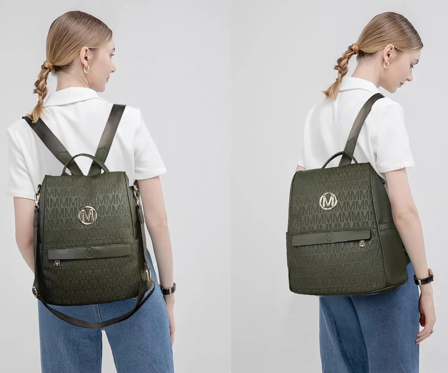 MKP Women Fashion Backpack Purse Multi Pockets Signature Anti-Theft Rucksack Travel Ladies Shoulder Bag Handbag 2Pcs
