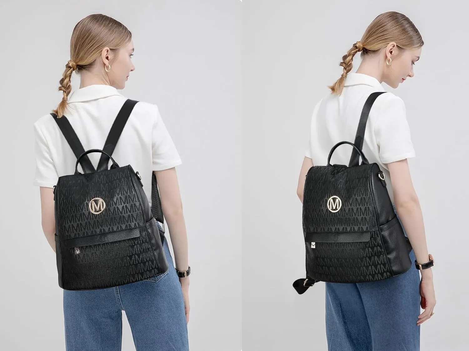 MKP Women Fashion Backpack Purse Multi Pockets Signature Anti-Theft Rucksack Travel Ladies Shoulder Bag Handbag 2Pcs