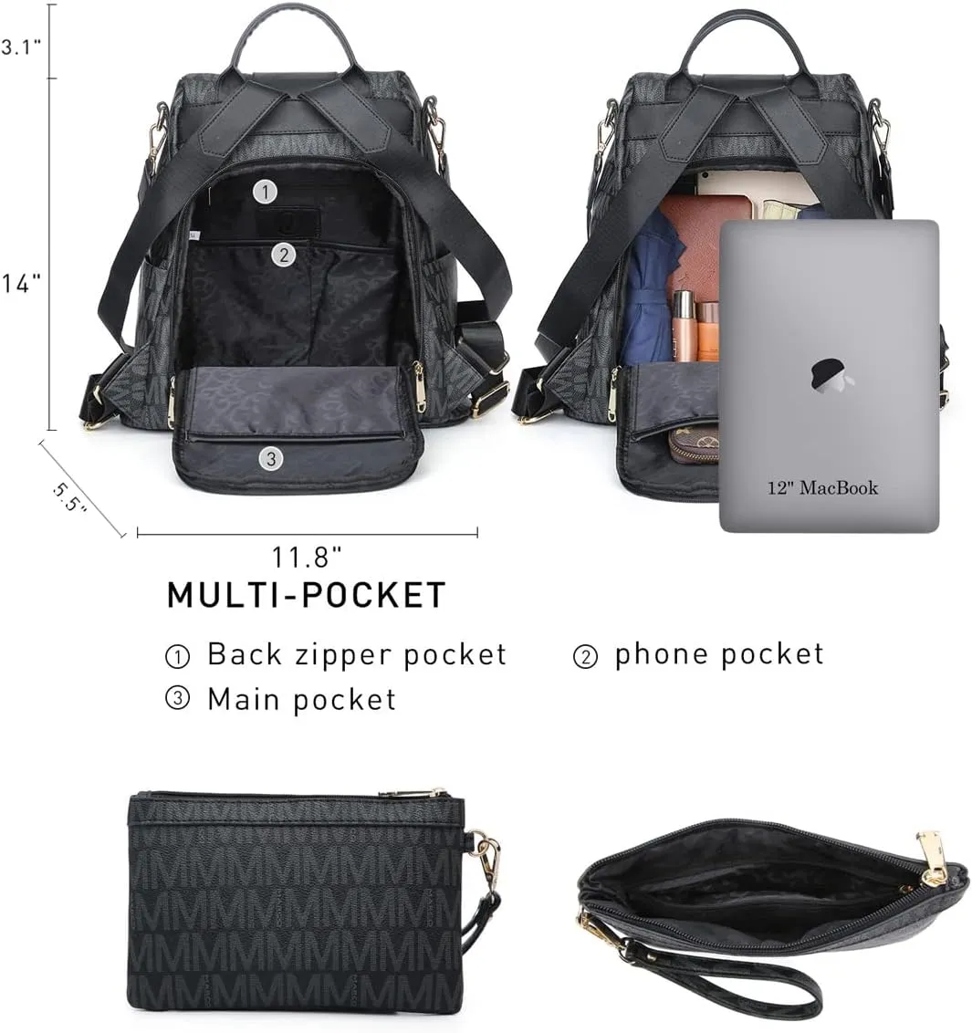MKP Women Fashion Backpack Purse Multi Pockets Signature Anti-Theft Rucksack Travel Ladies Shoulder Bag Handbag 2Pcs
