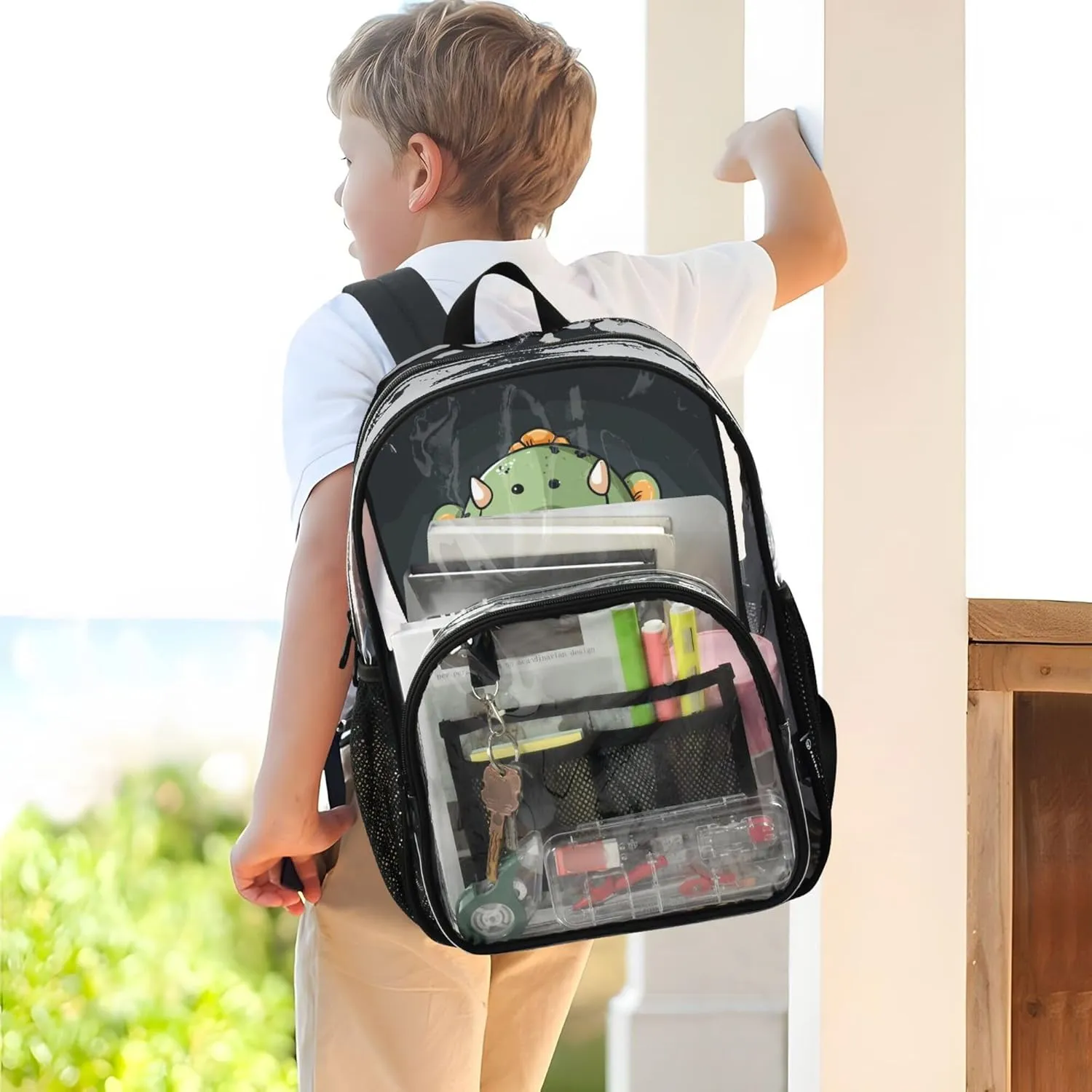 MNSRUU Large Clear Backpack for School Stadium Concerts Sports Events Dinosaurs Boy Transparent Heavy-Duty PVC Backpack with Adjustable Straps, See-Through Bag Multiple Compartments