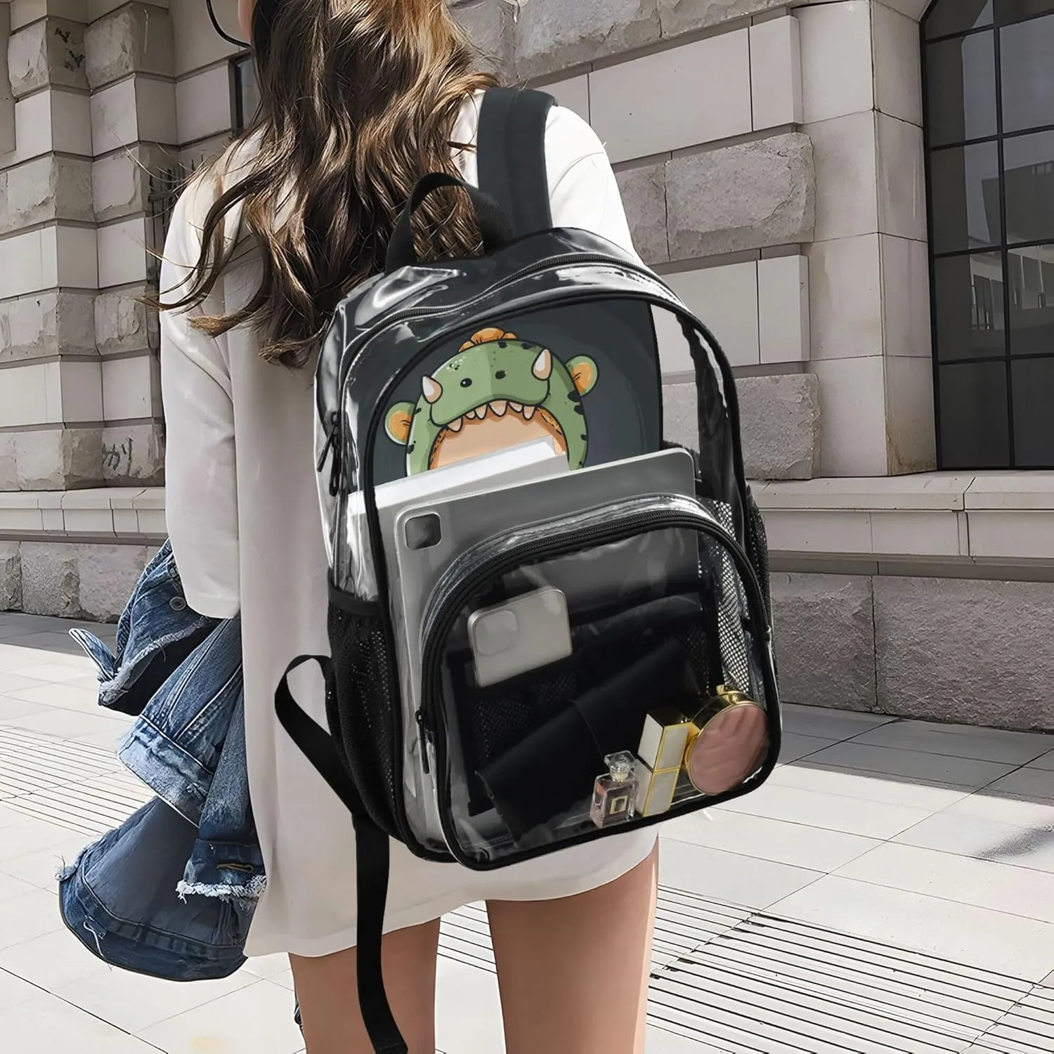 MNSRUU Large Clear Backpack for School Stadium Concerts Sports Events Dinosaurs Boy Transparent Heavy-Duty PVC Backpack with Adjustable Straps, See-Through Bag Multiple Compartments