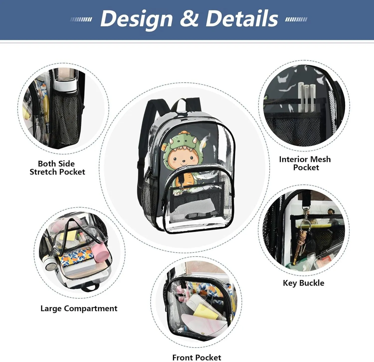 MNSRUU Large Clear Backpack for School Stadium Concerts Sports Events Dinosaurs Boy Transparent Heavy-Duty PVC Backpack with Adjustable Straps, See-Through Bag Multiple Compartments