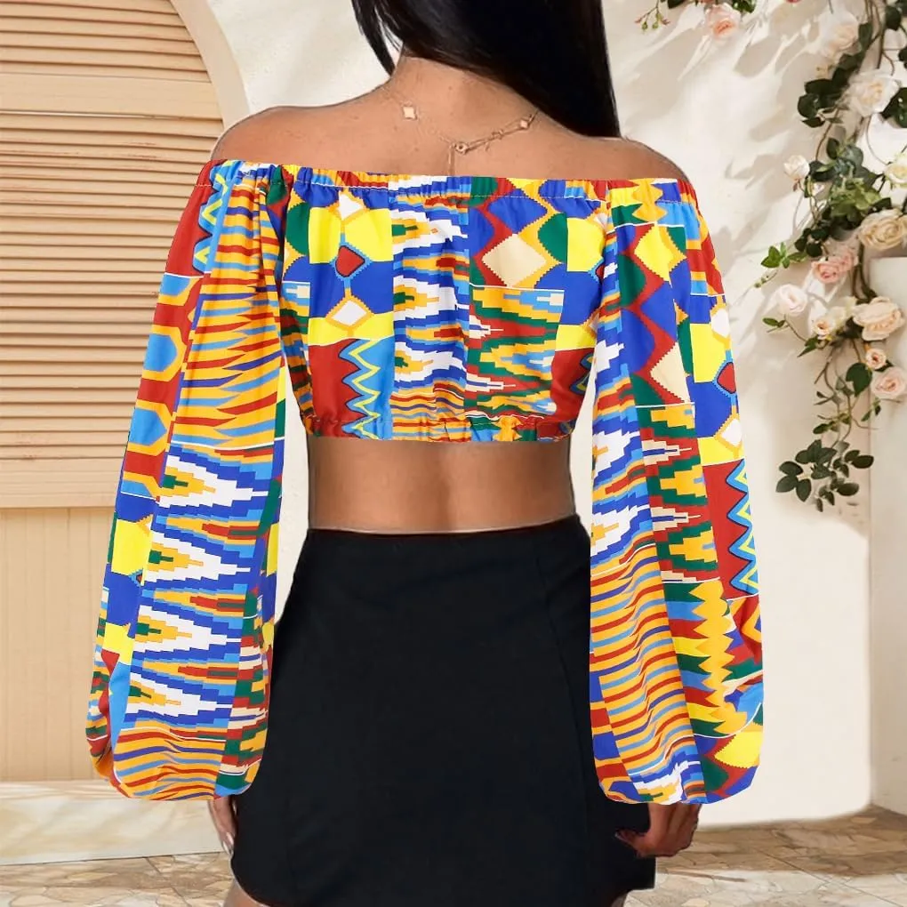 Mocure Women African Off Shoulder Crop Top Bohemia Printing Tube Blouse for Party Rave Festival