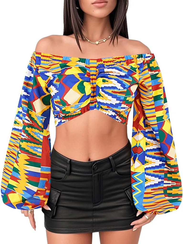 Mocure Women African Off Shoulder Crop Top Bohemia Printing Tube Blouse for Party Rave Festival